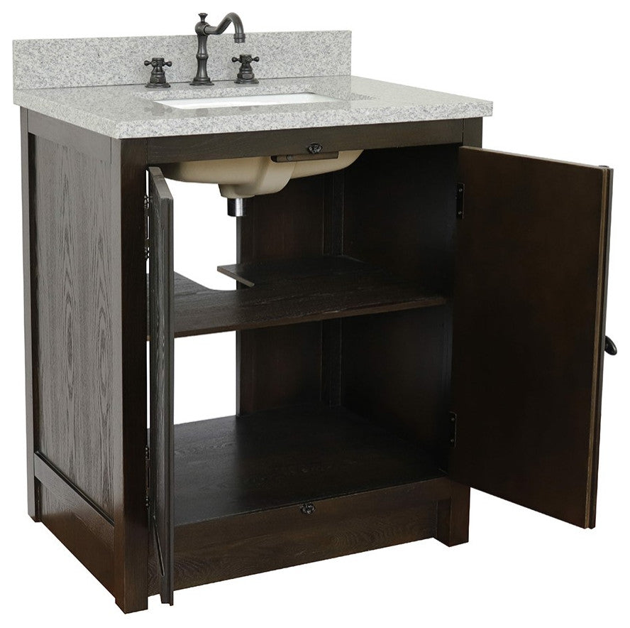 30" Single Vanity, Brown Ash, Gray Granite Top, Rectangle Sink