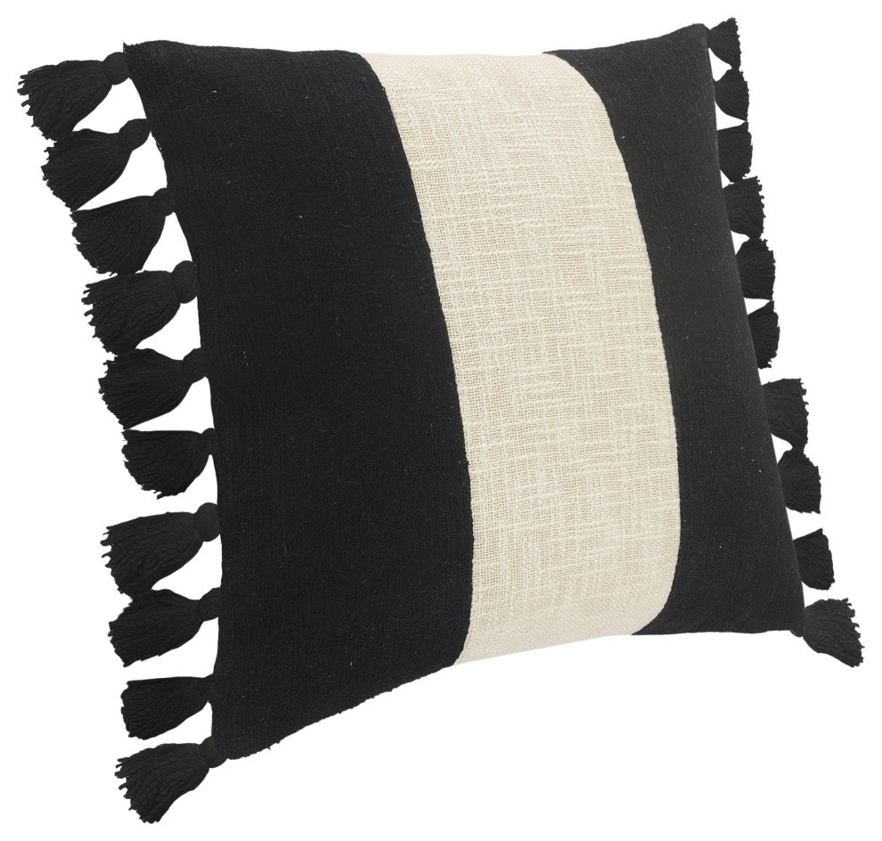 Tri-Stripe Black and Ivory Fringe Pillow