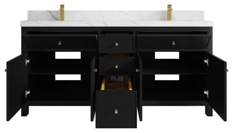 Sonoma 72 Double Sink Reeded Bath Vanity in Black 2" Calacatta Laza