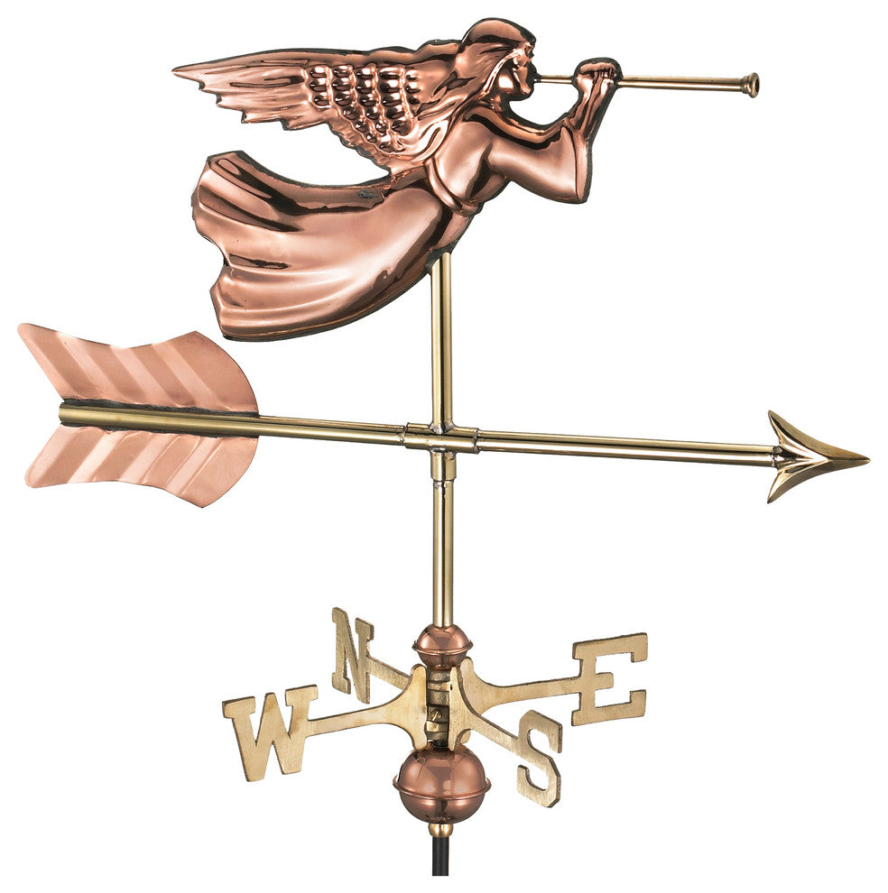 Polished Copper Angel Weathervane, Roof Mount