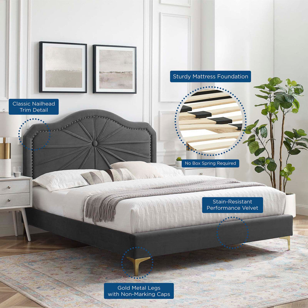 Platform Bed Frame, Twin Size, Velvet, Dark Grey Gray, Modern Contemporary