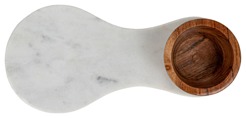 Marble Serving Board With Mango Wood Bowl, White and Natural