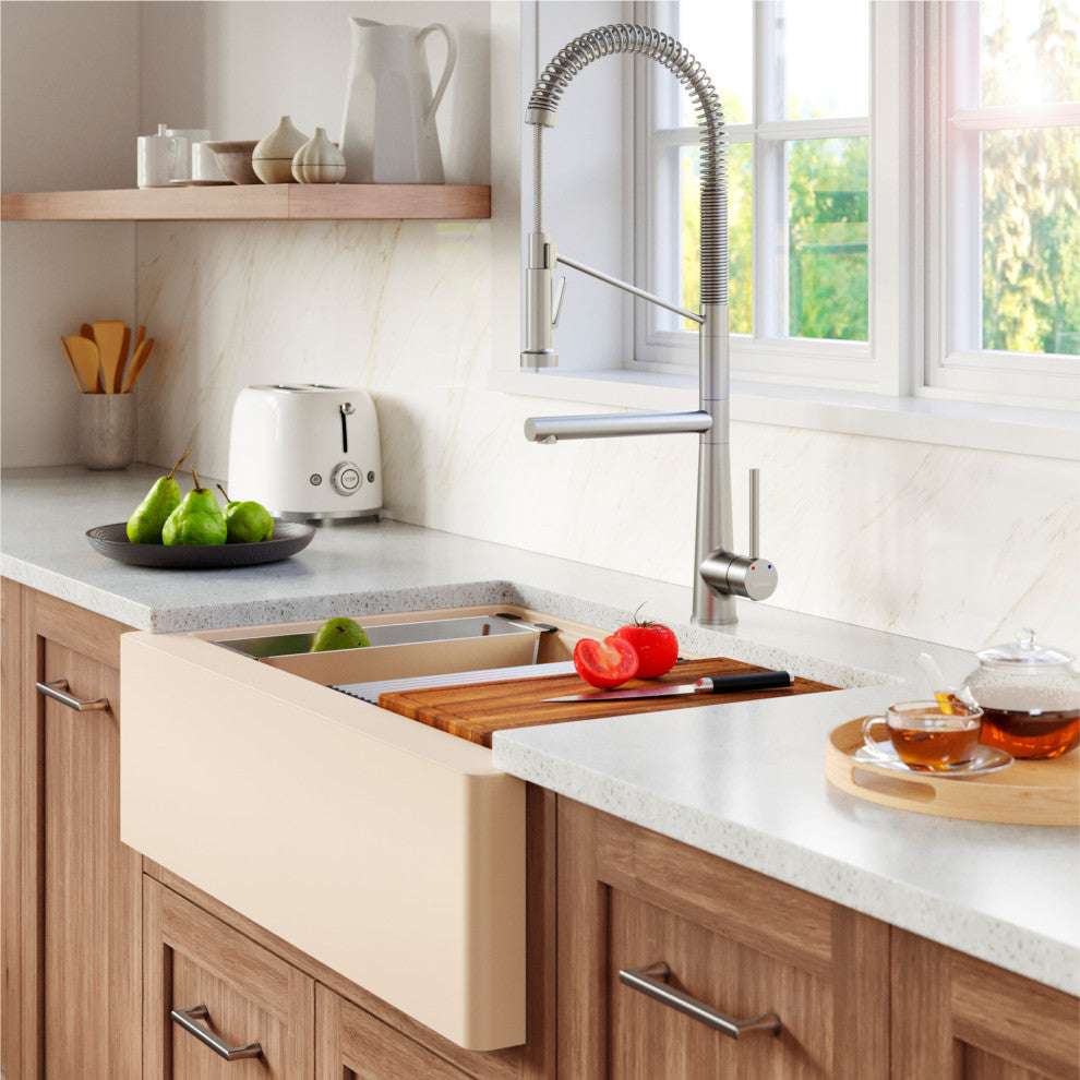 Karran 34" Quartz Farmhouse Single Bowl Workstation Kitchen Sink, Bisque