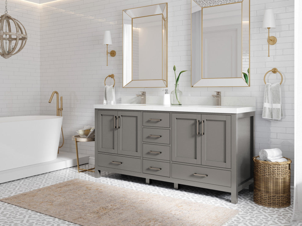 Malibu 72 Double Sink Bath Vanity in Elephant Skin Gray 2" Carrara Marble