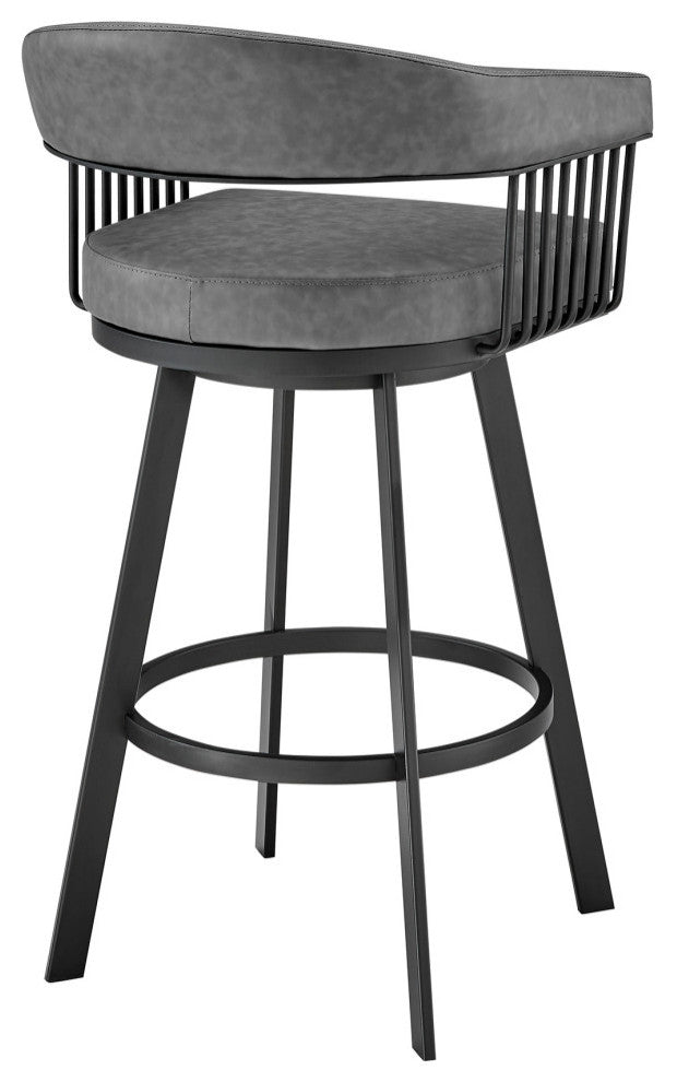 Chelsea 30" Bar Height Swivel Bar Stool, Black Finish and Gray Faux Leather