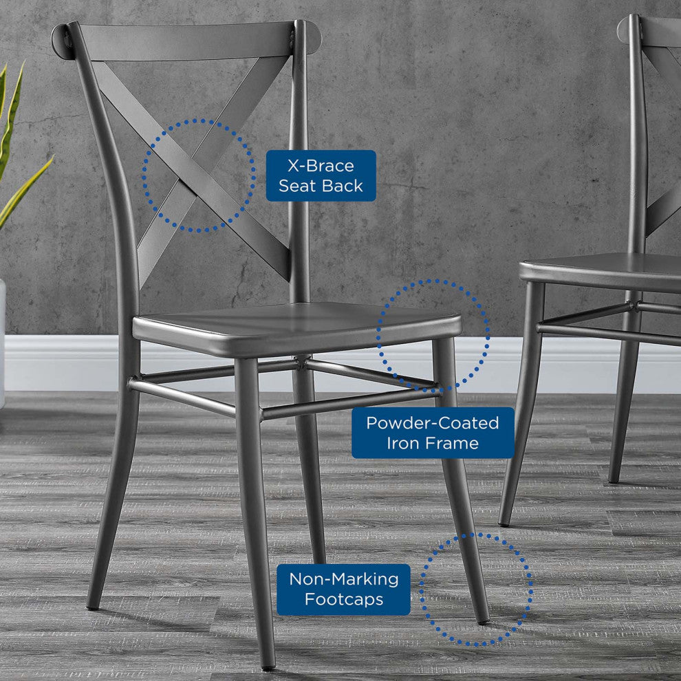 Side Dining Chair, Set of 2, Metal, Gunmetal Silver, Modern, Bistro Restaurant