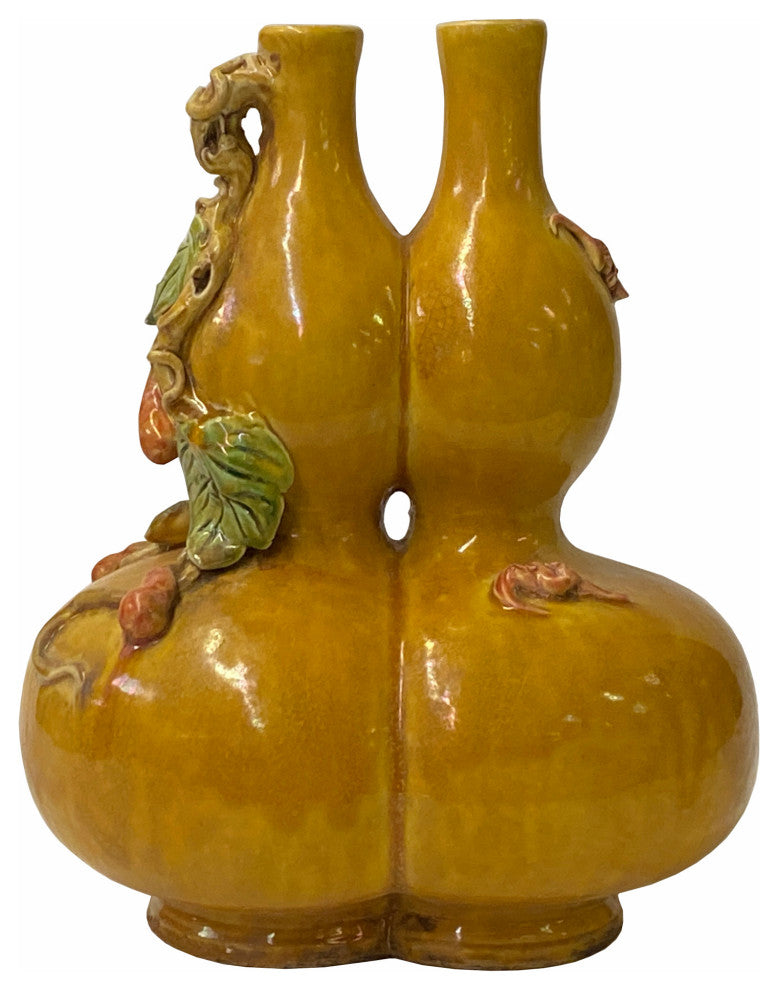 Handmade Chinese Ceramic Distressed Yellow Double Gourd Vase Hws1767