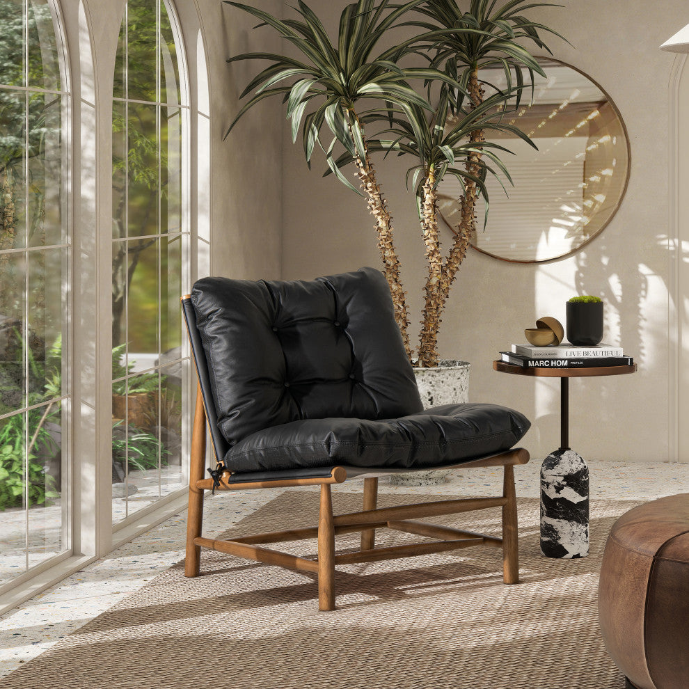 Oxford 26.5" Leather Mid-Century Modern Accent Chair, Noir Black