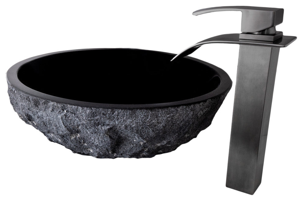 Absolute Natural Granite Stone Vessel Sink Combo with Faucet and Drain, Gunmetal