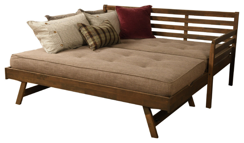Boho Daybed With Pop Up and Linen Stone Mattresses, Rustic Walnut
