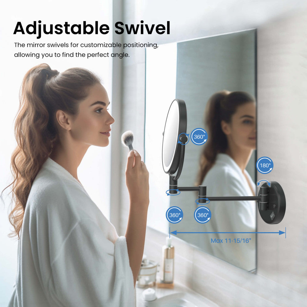 Circular LED Wall Mount Magnifying Make Up Mirror, Matte Black