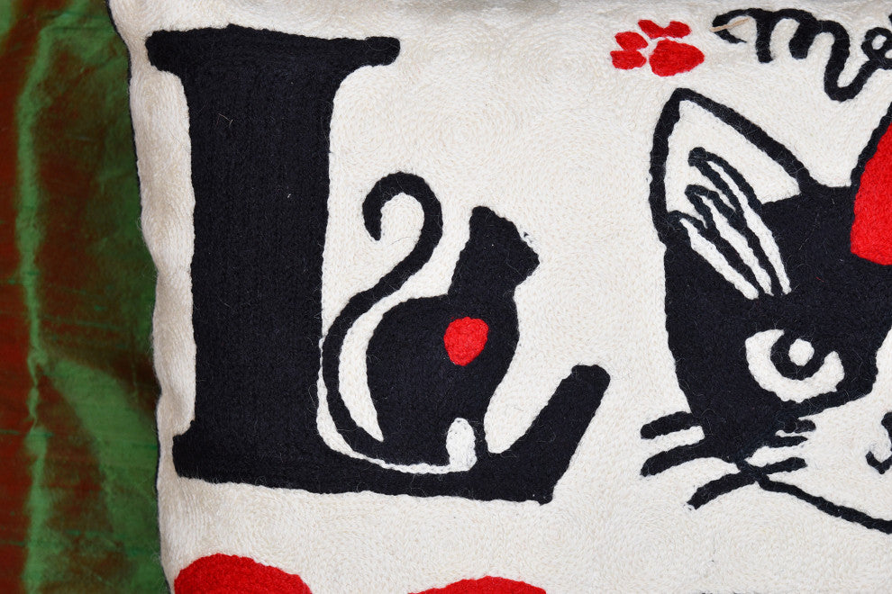 I Love Cats Decorative Pillow Cover Ivory Cream Whimsical Handmade Wool 18x18