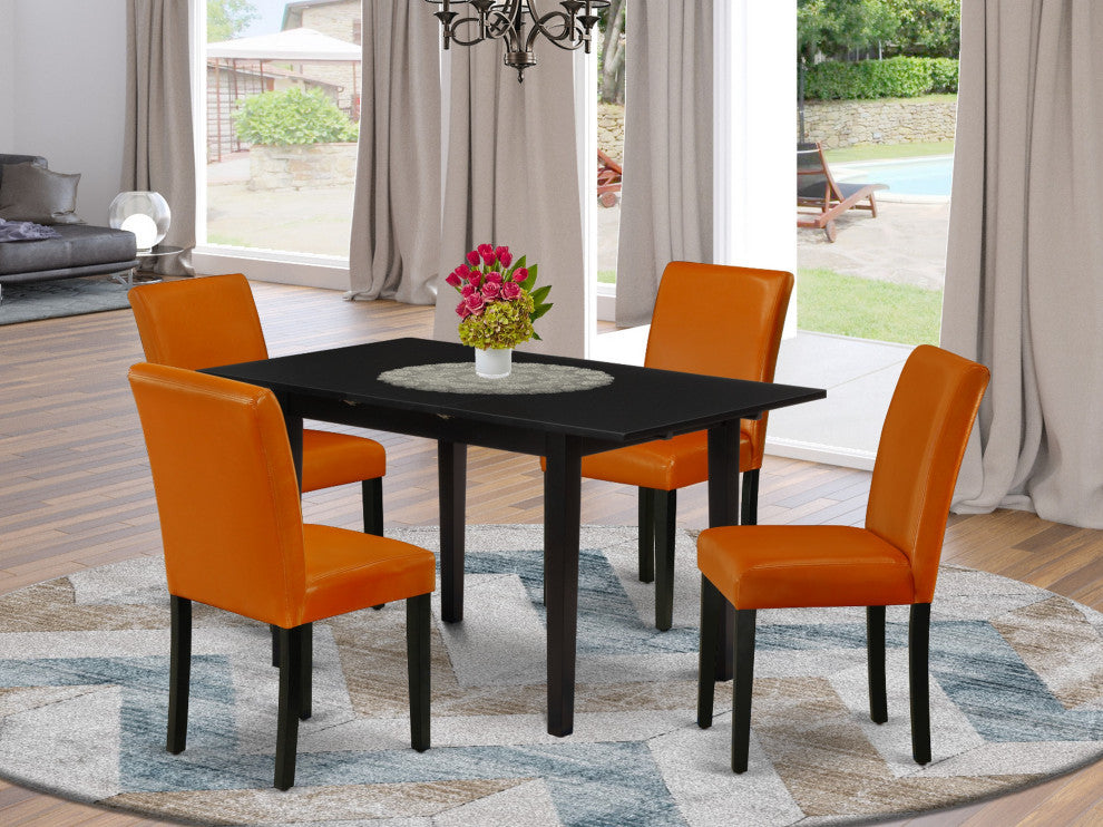 5-PieceDining Set, 4 Parson Chairs, Butterfly Leaf Wood Table, Linen White-Black
