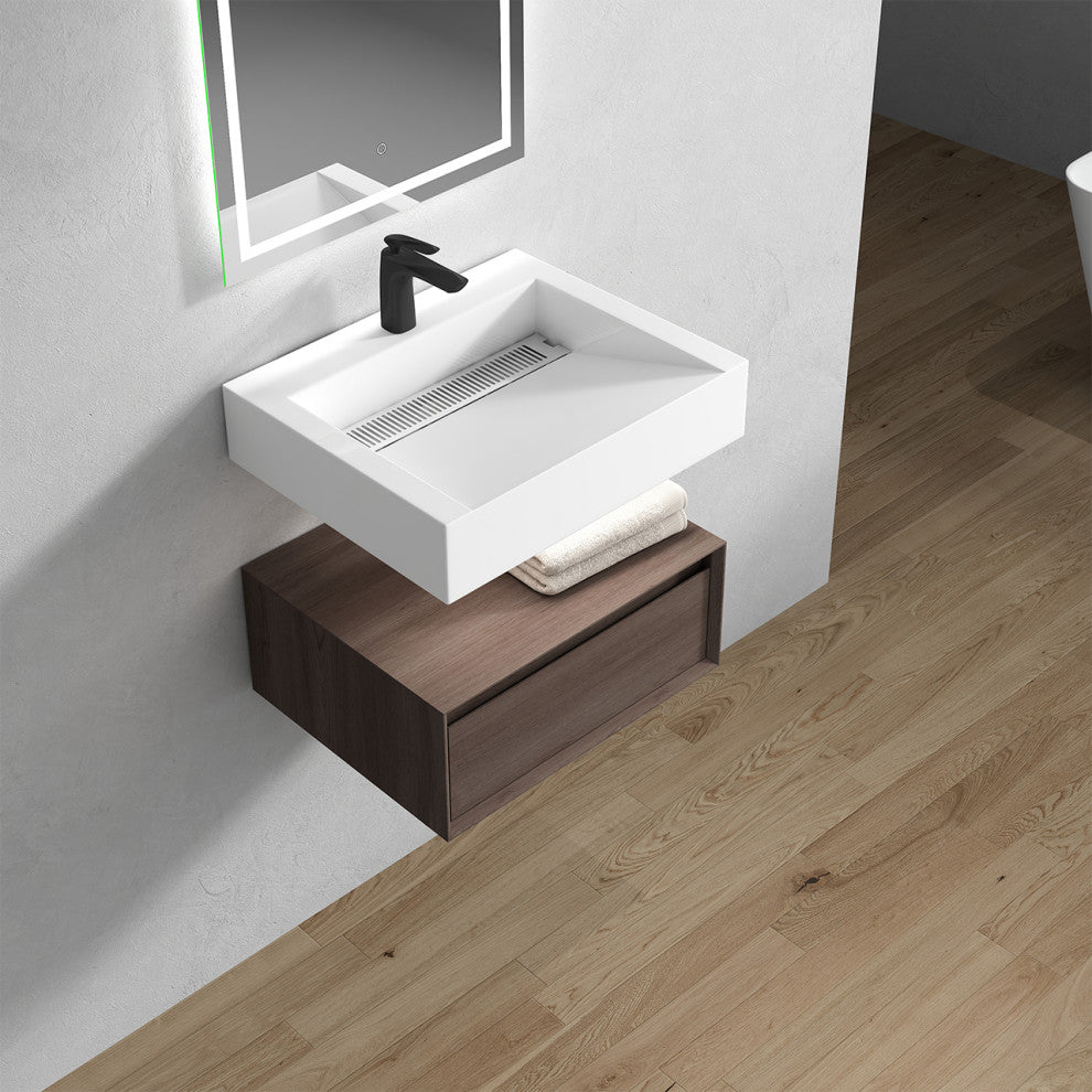 Alysa 24" Floating Bath Vanity, Acrylic Sink/Single Faucet Hole, Red Oak