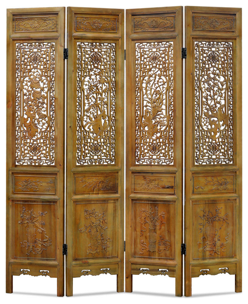Grand Cedar Wood Four Season Motif Intaglio Oriental Floor Screen