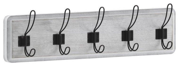 24 Inch Wall Mounted Solid Wood Storage Rack with 5 Hanging Hooks, White Wash