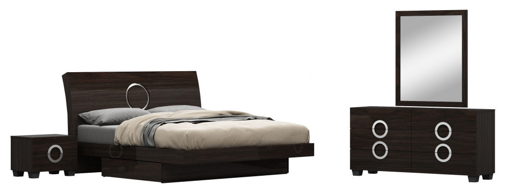 Sofia Wood Platform Bed Dresser Chest and Mirror in High Gloss, Wenge, Eastern K