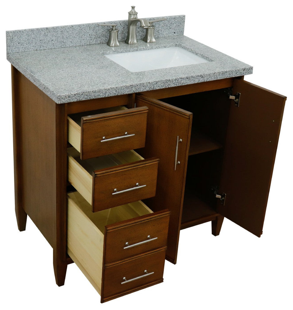 37" Single Vanity, Walnut Finish With Gray Granite