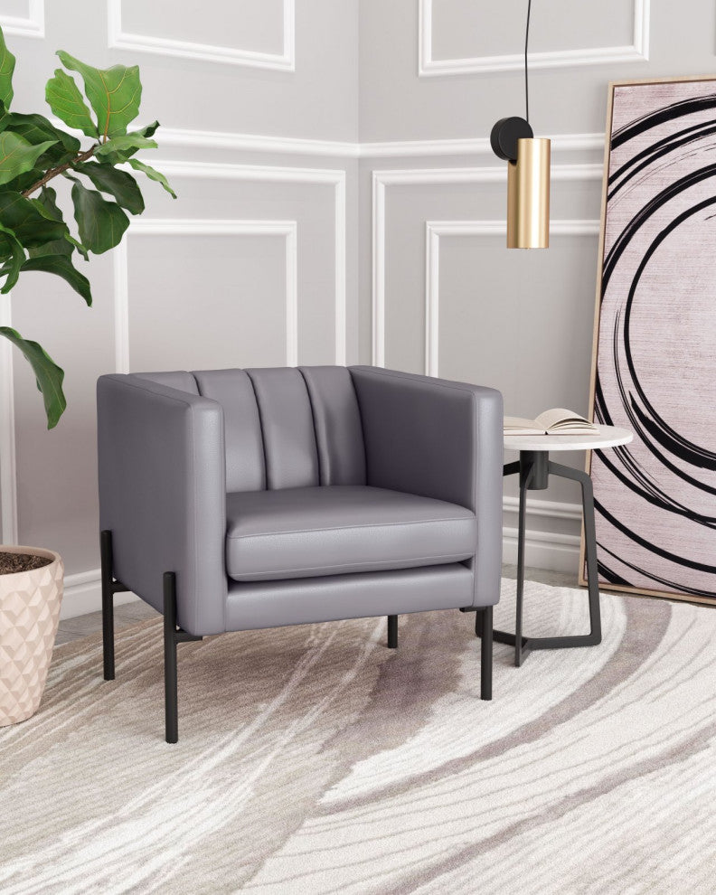 Accent Chair, Faux Vinyl Leather, Steel, Gray, Black, Mid Century Lounge