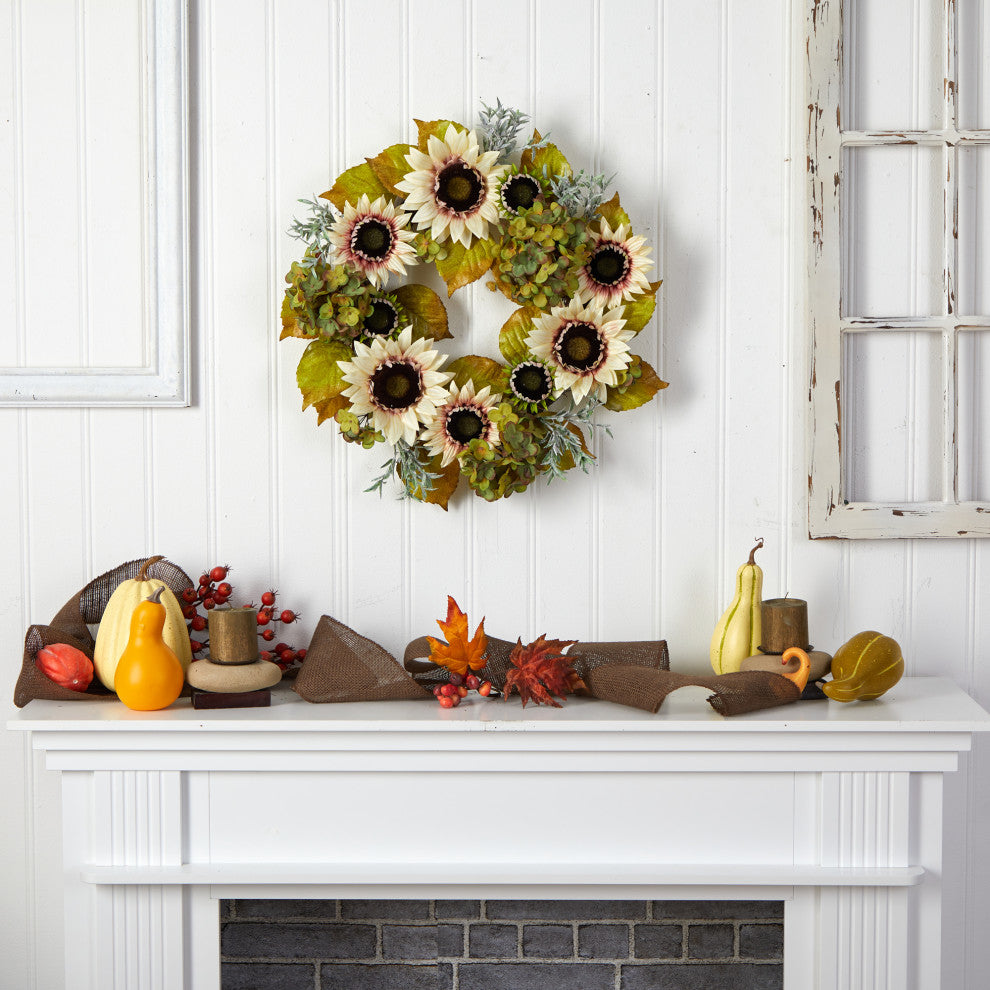 Nearly Natural W1243 24 White Sunflower and Hydrangea Artificial Autumn Wreath