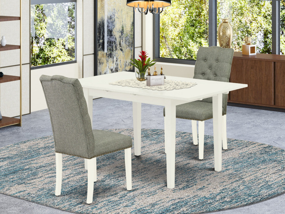3Pc Rectangle Dinette Set, Nail Head Chairs, Butterfly Leaf Table, Linen White