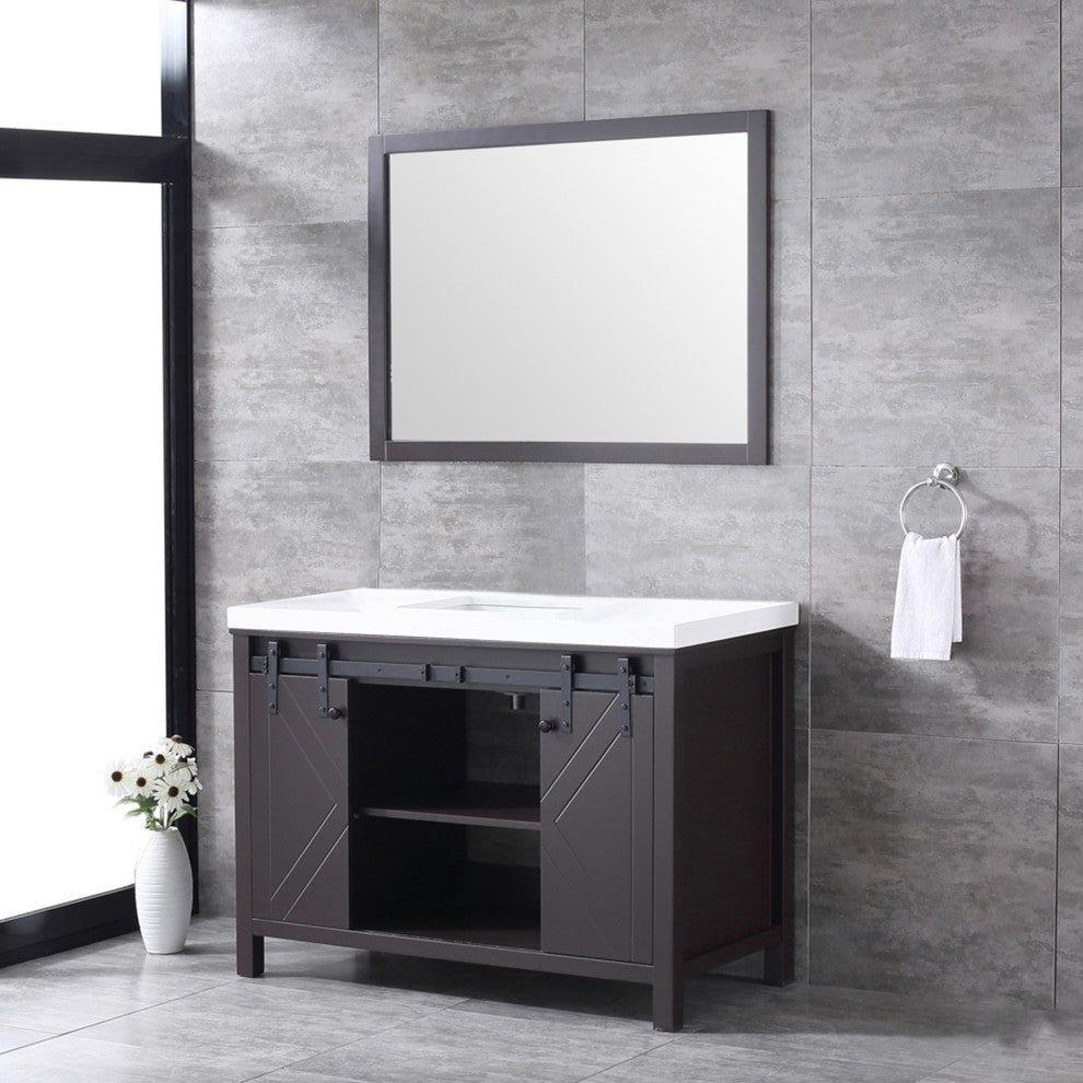 Marsyas 48" Brown Single Vanity Cabinet Quartz Top Square Sink, 44" Wall Mirror