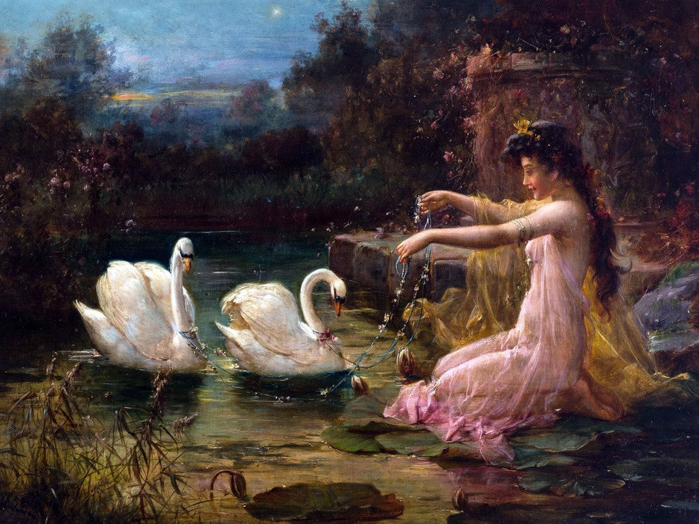 Tile Mural Landscape Lady At The Swan Lake By Hans Zatzka, 6"x8", Glossy