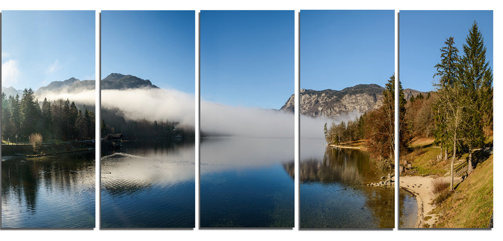Bohinj Lake Panorama, Seashore Canvas Art Print, 60"x28", 5 Panels