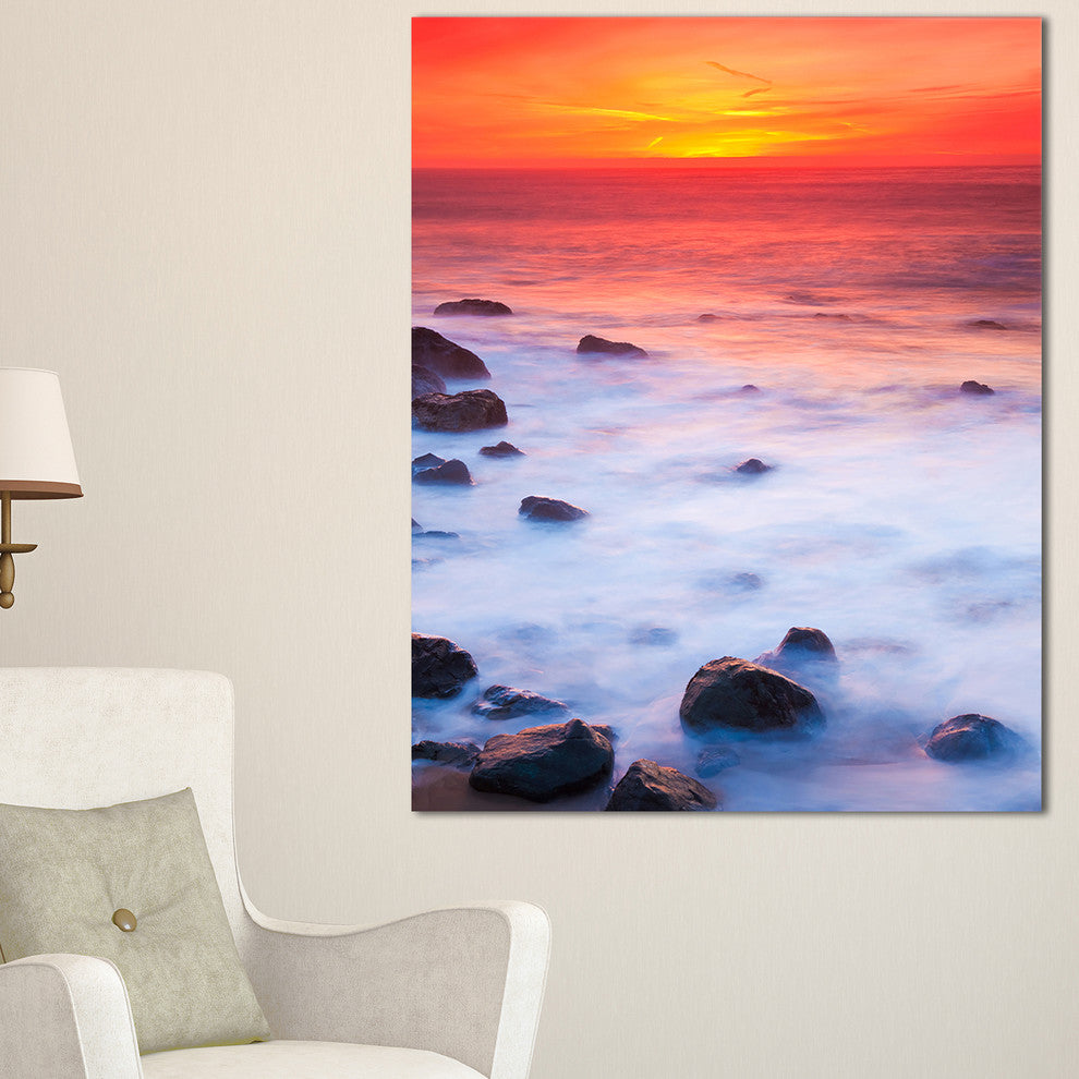 "Bright Red Rocky Coast Sunset" Seashore Canvas Art, 30"x40"
