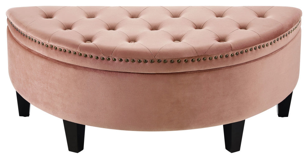 Laura Velvet Gold Nailhead Trim Half Moon Storage Ottoman, Blush