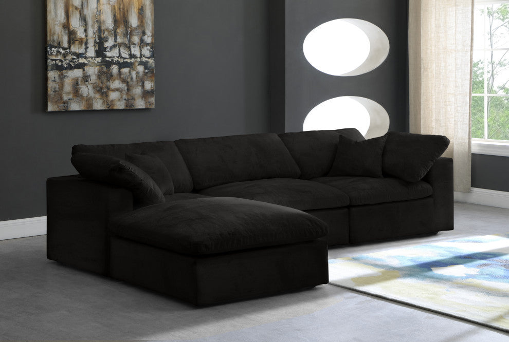 Cozy Velvet Upholstered Comfort L-Shaped Modular Sectional, Black, 4-Piece: 1 Armless Chair, 2 Corner Chair, 1 Ottoman