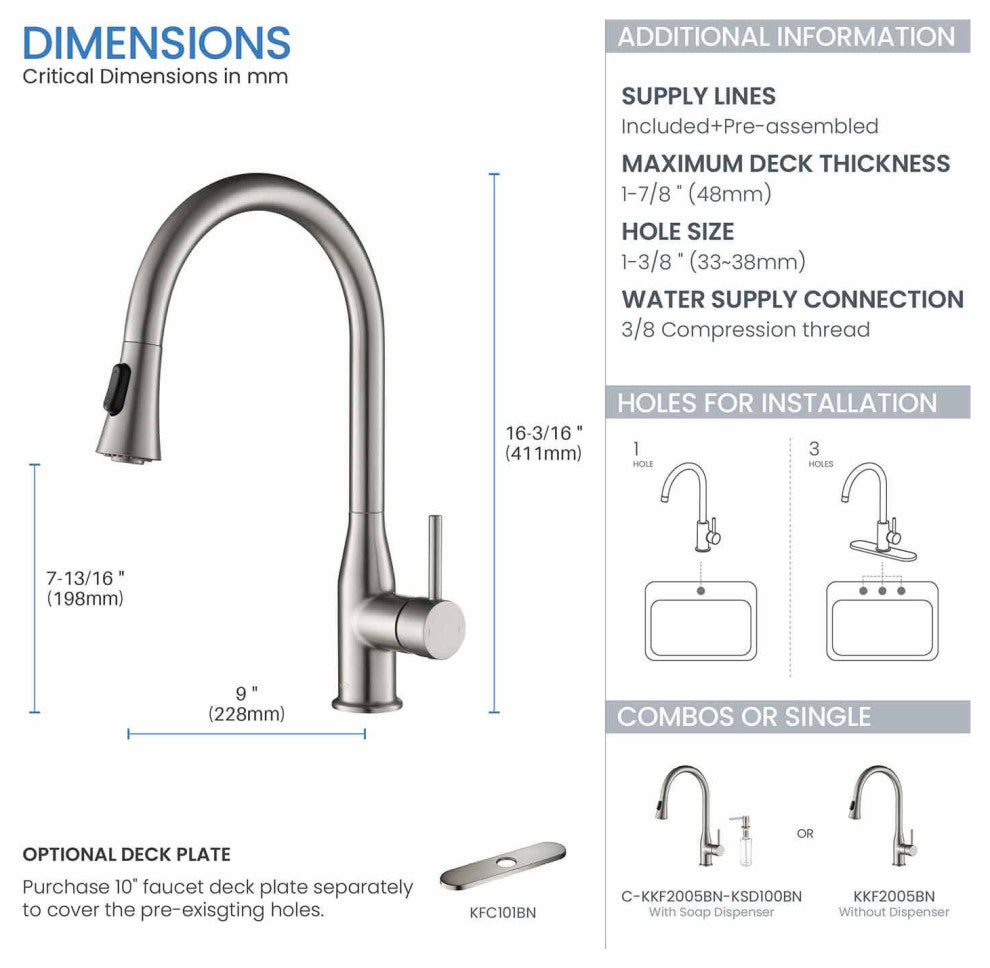 Napa Single Handle Pull Down Faucet, Brushed Nickel, W/ Soap Dispenser
