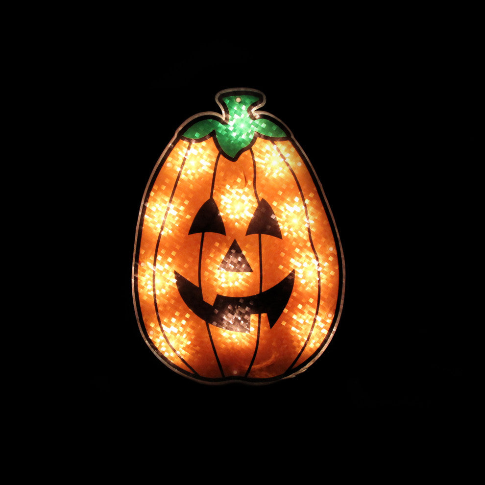 12" Orange Holographic Lighted Pumpkin Halloween Window Silhouette Decoration