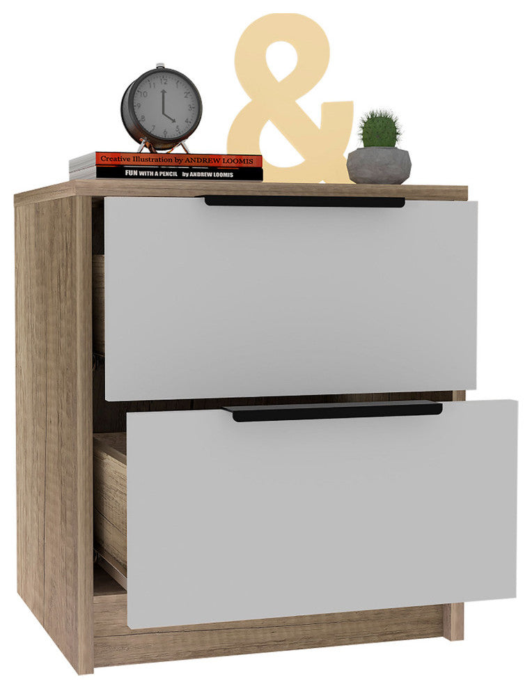 Washington Nightstand with 2 Large Drawers and Metal Handles, White/ Light Oak