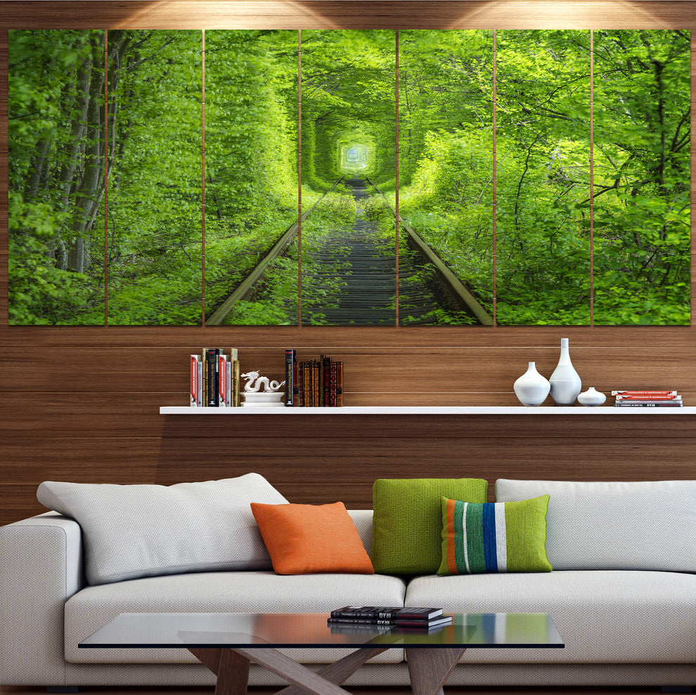 Forest around Rail Way Tunnel, Landscape Canvas Art Print, 83"x32", 7 Panels