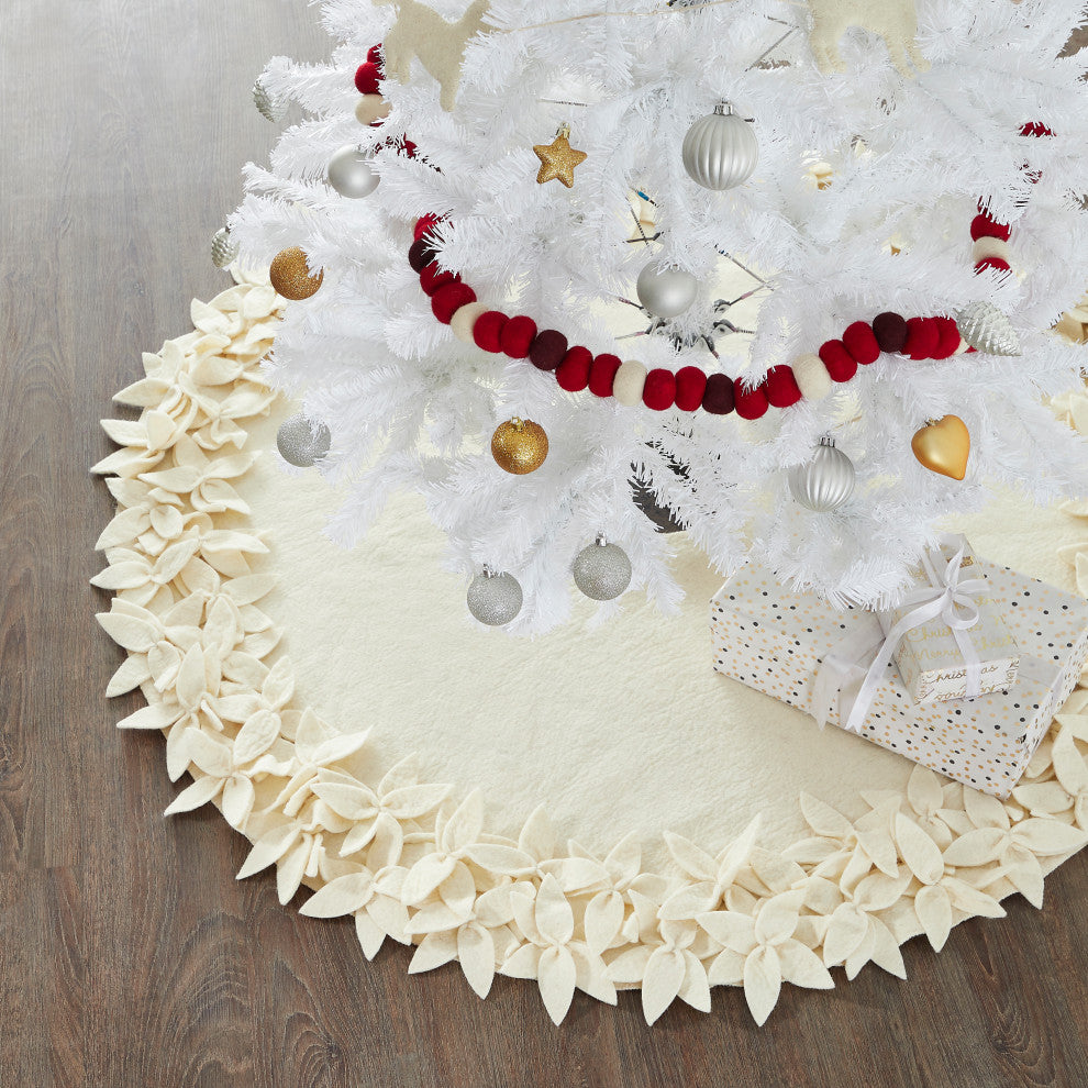 Overlapping Flowers Christmas Tree Skirt in Rustic Hand Felted Cream Wool