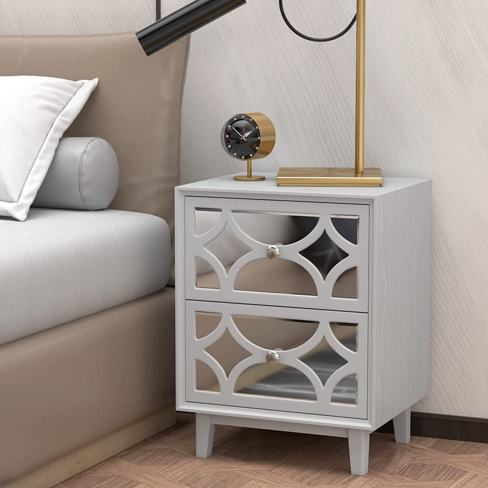 Modern Contemporary Nightstand, 2-Drawer Front Mirror Nightstand