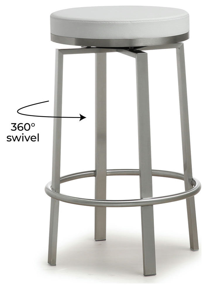 Pratt Swivel Counter Stool, Modern PU Leather Stainless Steel Stool SetOf2, Whit