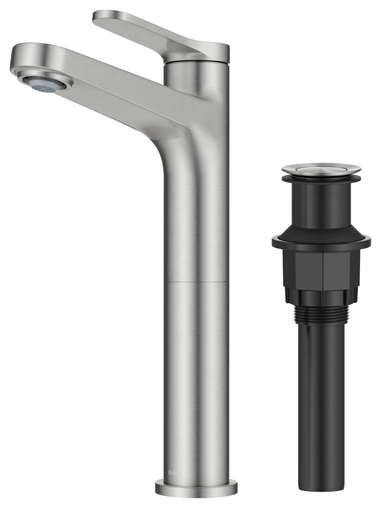 KRAUS Indy Single Handle Vessel Bathroom Faucet Spot Free BN, Pop Up Drain