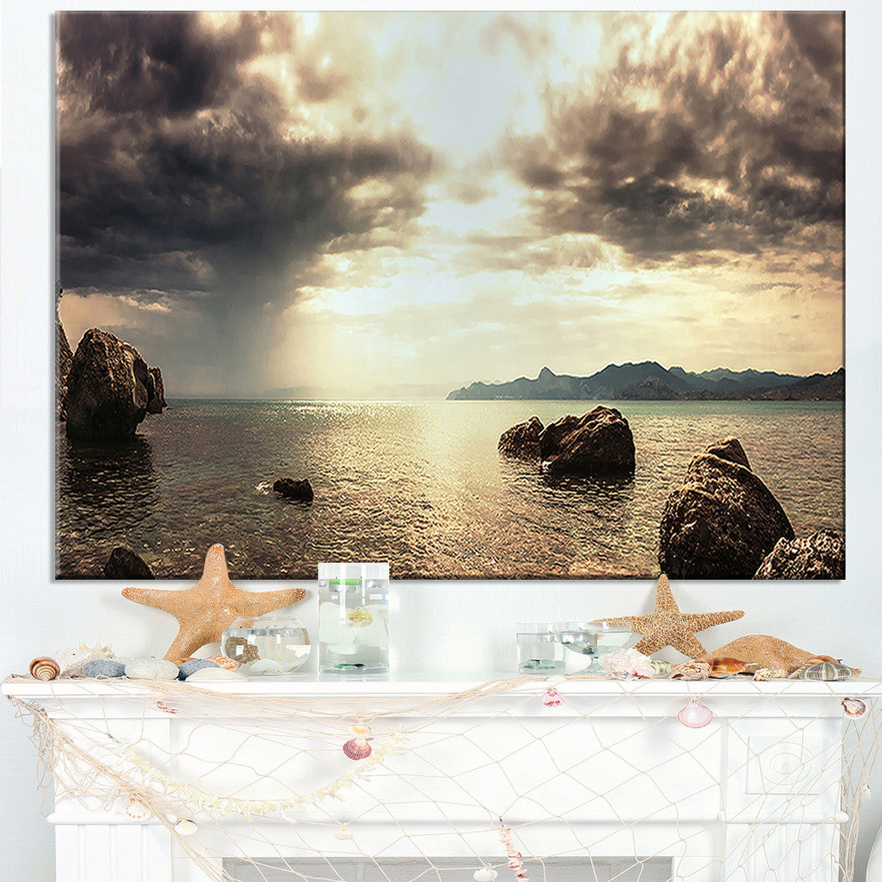 "Rocky Seashore Under Clouds Panorama" Modern Beach Wall Art, 40"x30"