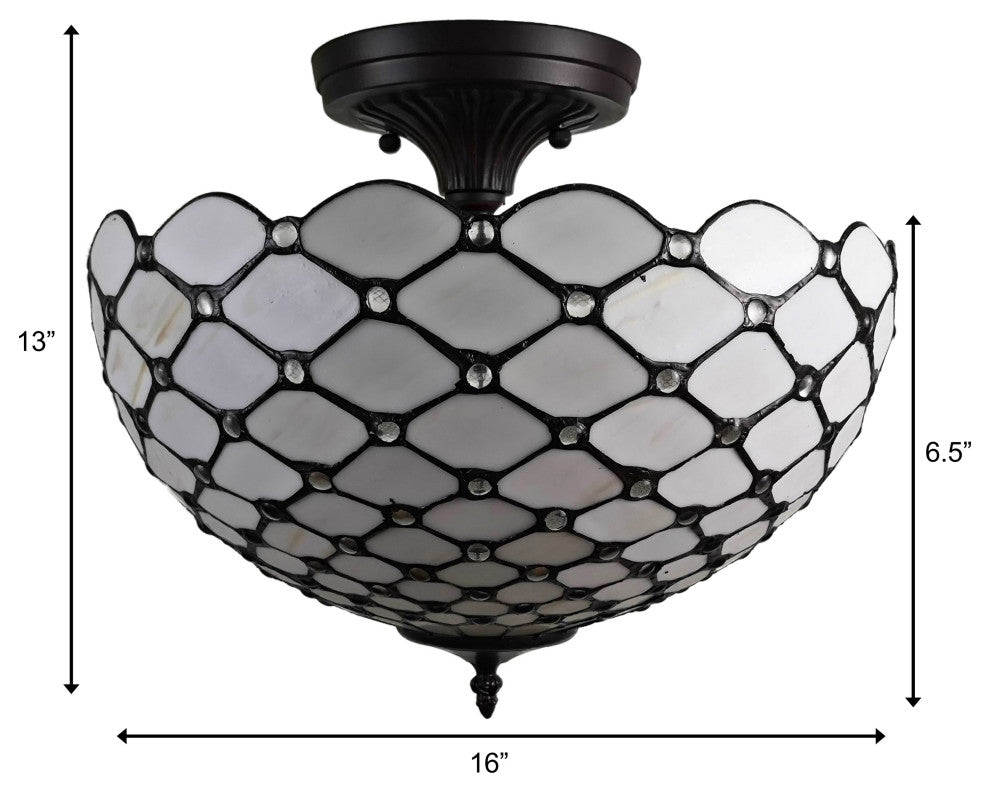 Tiffany Style 2 Light Impearled Semi-Flush Ceiling Lamp, 16" Wide