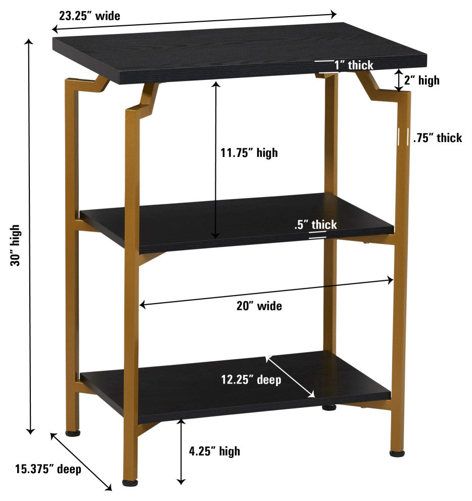 Crown Narrow 3 Shelf Open Storage Bookshelf Black Oak Wood Grain and Gold Metal