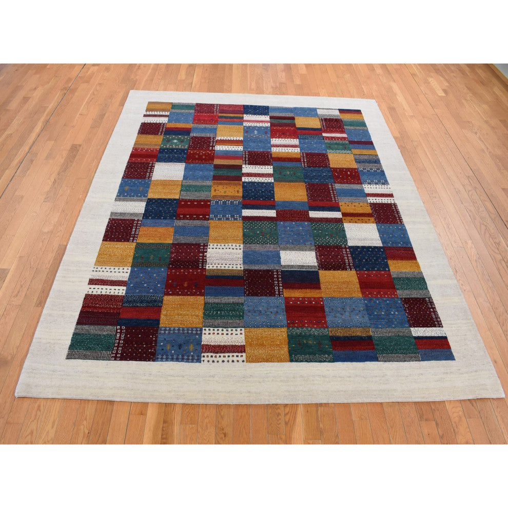 Ivory Persian Wool Hand Made Lori Buft Gabbeh Patchwork Design Rug 8'3"x9'9"