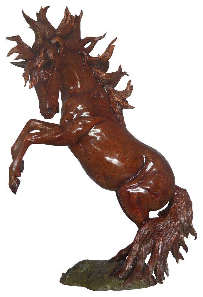 Large Rearing Horse  Red Finished Bronze Statue -  Size: 34"L x 21"W x 46"H.