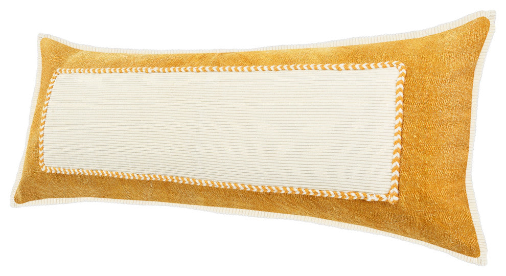 Ox Bay Hand-stitched Yellow/White Organic Cotton Pillow Cover, 16"x24"