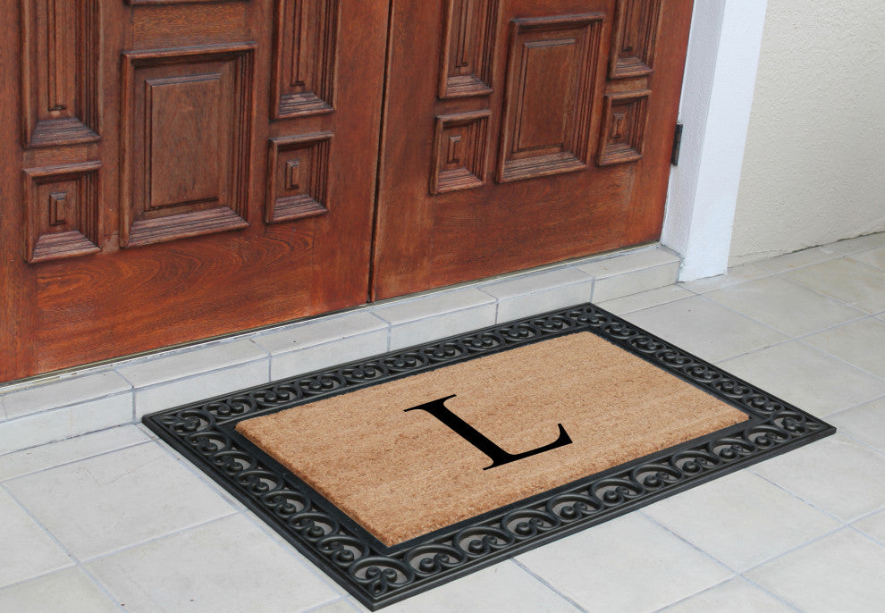 A1HC Black Rubber and Coir Paisley Border Monogrammed Double Doormat, 30"X48", L
