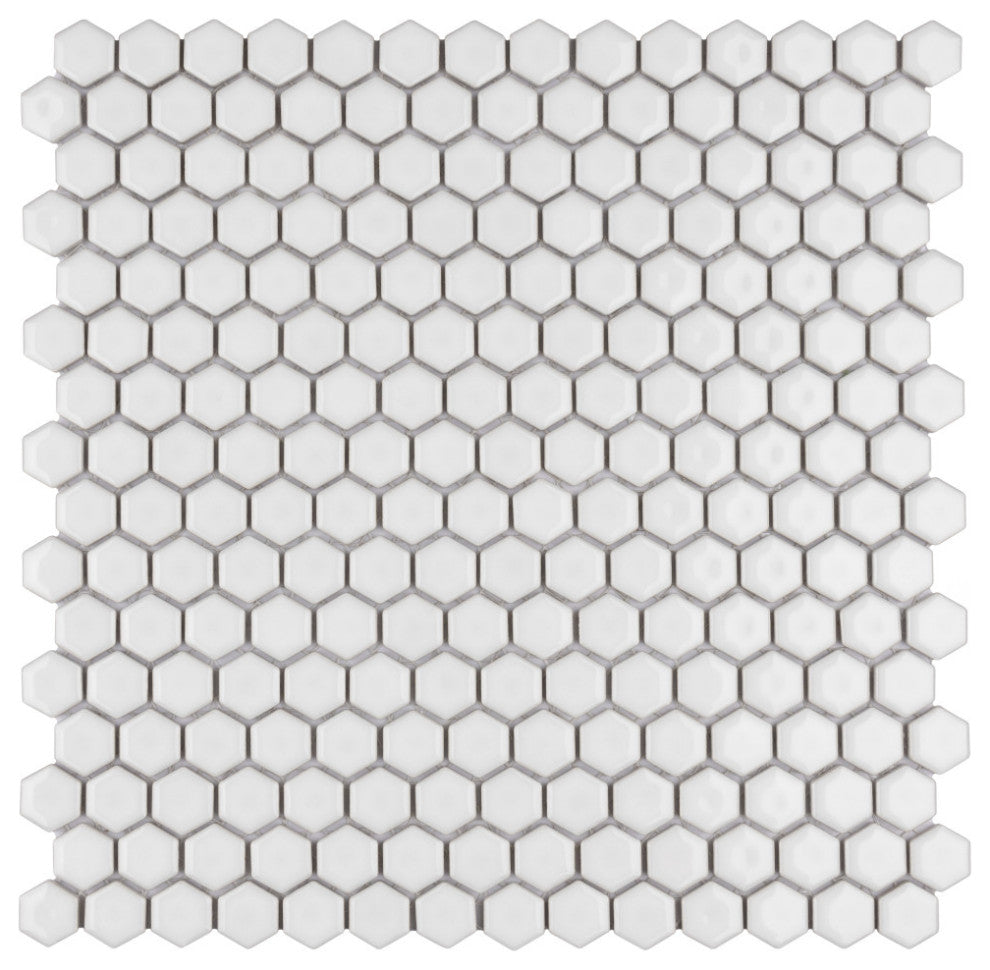 Colmena Hex Porcelain Floor and Wall Mosaic Tile, Glossy White