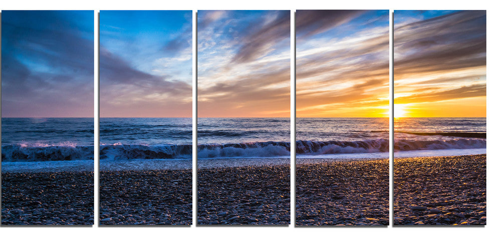 "Cloudy Sky With Bright Full Yellow Sun" Beach Wall Art, 5 Panels, 60"x28"