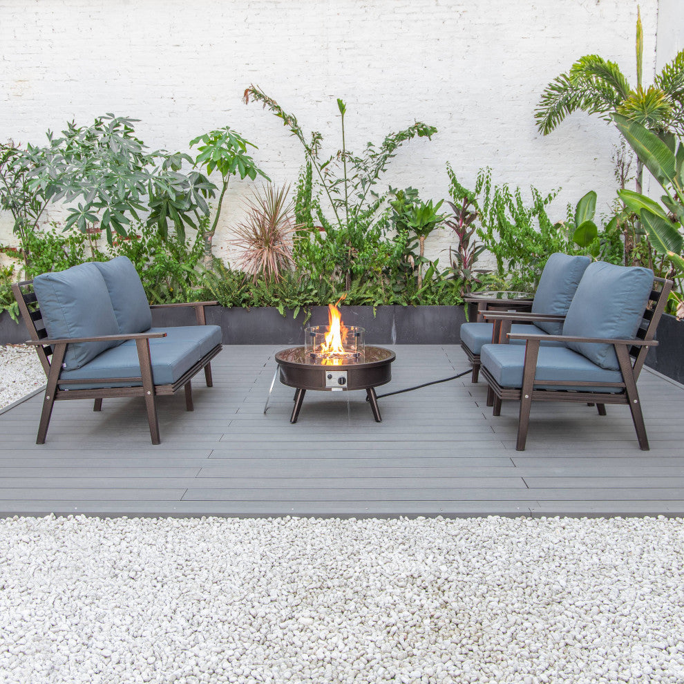 LeisureMod Walbrooke Brown Patio Sofa Set With Round Fire Pit Table, Navy Blue