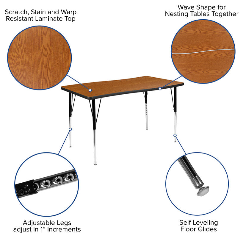3 Piece 76" Oval Wave Activity Table Set - Standard Height Adj. Legs, Oak